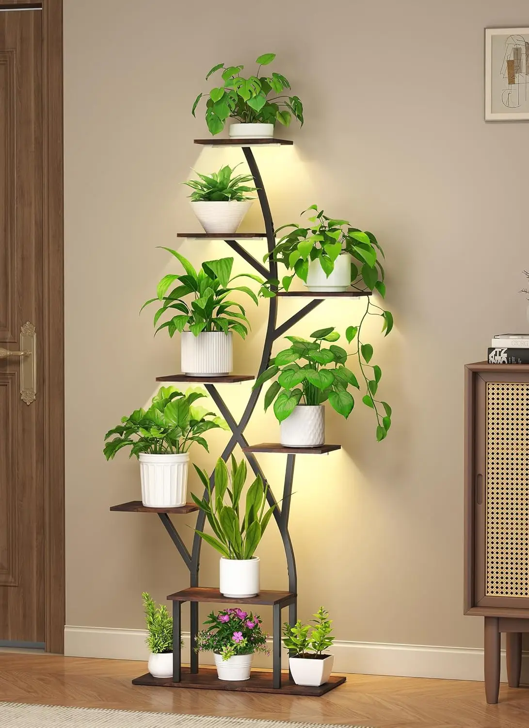 

65" 8-Tier Plant Stand with Grow Lights, S-Shape Corner Shelf for Indoor Plants, Heavy Duty Metal & Wood, 120lb Capacity