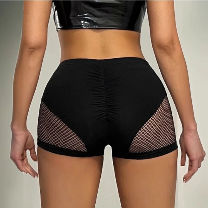 Shorts pretos de cintura alta para mulheres-painel de malha lateral e detalhe de ruched para trás, calças de streetwear sensuais com ajuste fino para primavera e verão