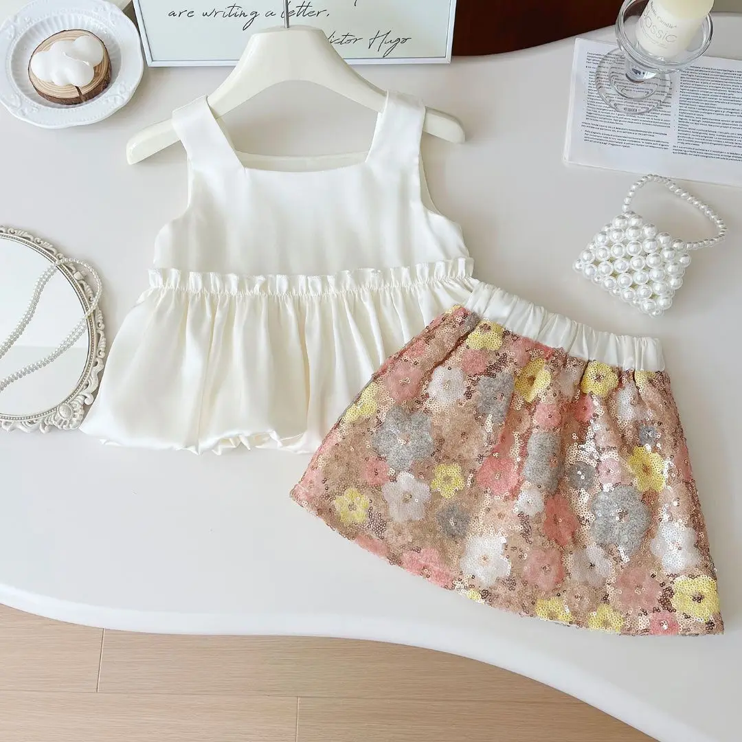 

Fashion Baby Girl Sequins set Tshirt Sleeveless Short Skirt Toddler Child Sweatshirt Sparkle Skirt Baby Clothes