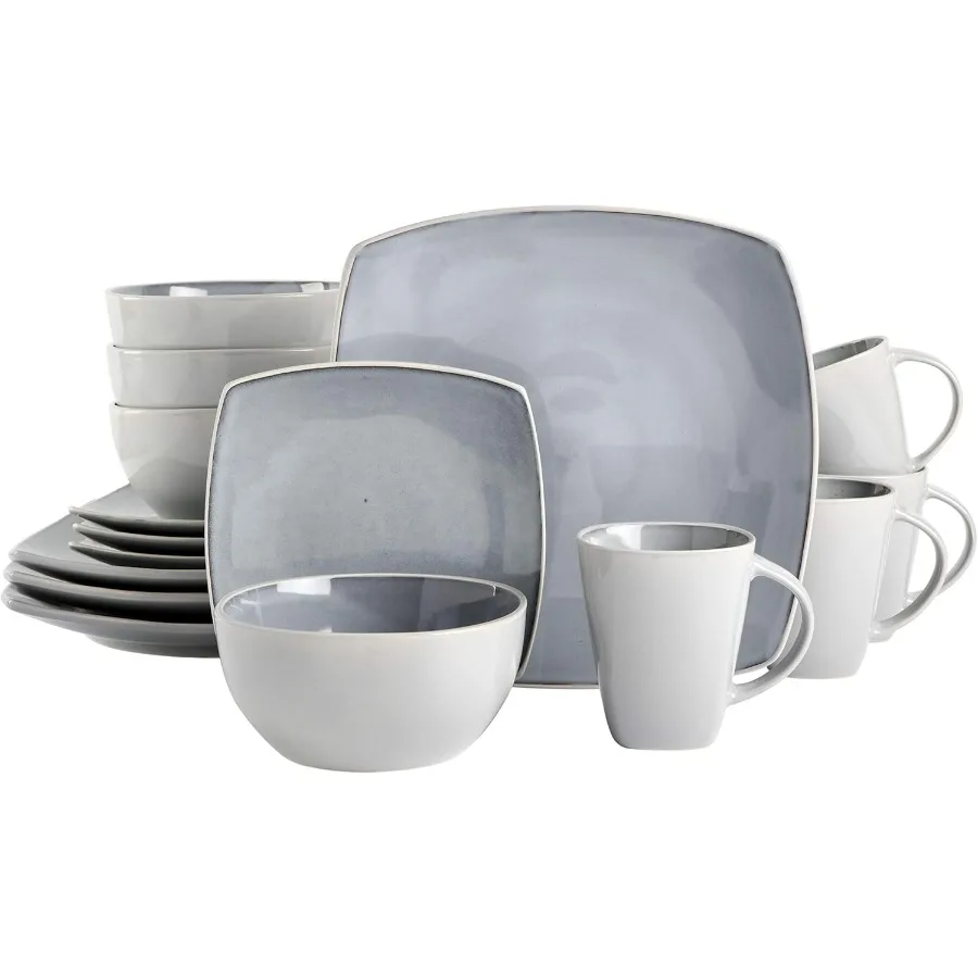 

Soho Lounge Square Reactive Glaze Stoneware Dinnerware Set Service for 4 16pc Light Gray