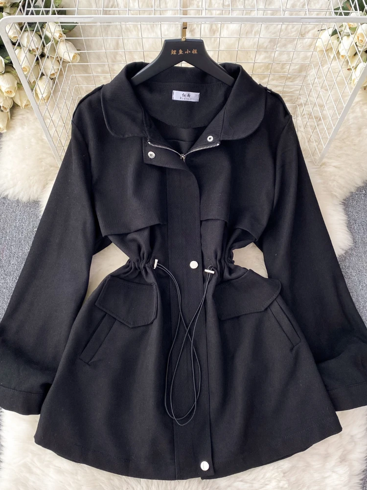 New Women Casual Coat Autumn Winter Drawstring Slim A-line Short Trench Coat Ladies Korean Chic Jacket