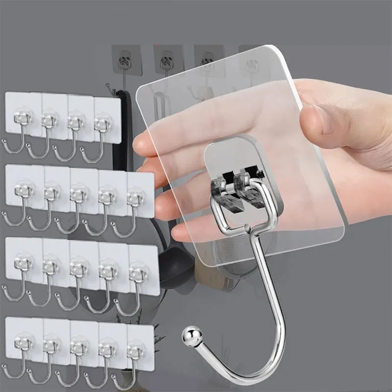 5/10Pcs Large Adhesive Hooks Waterproof Wall Hooks Hanging Heavy Duty 22lbs Stainless Steel Hook for Kitchen Bathroom Home 7x7cm