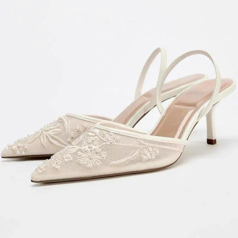 Mesh Embroidered Flowers Thin Heels Sandals Women 2025 Summer Sexy Slingback Pointed Toe Pumps Dress Shoes Sandalias De Mujer