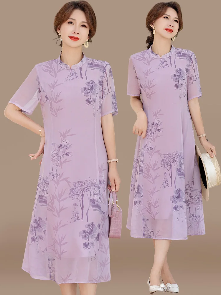 Vestido Midi Qipao de Verano Estilo Chinoiserie para Mujeres de Mediana Edad en Poliéster Crepé de China con Estampado Floral y Corte Holgado