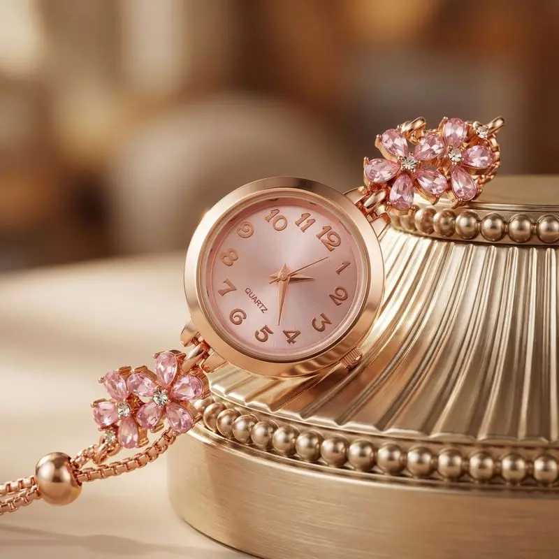 Women's Quartz Watch with Floral Design High End Adjustable Fashion Wristwatch for Ladies Students and Daily Wear Versatile