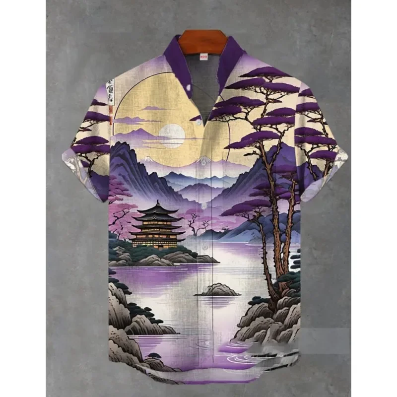 New Men's Abstract Landscape Animal 3D Printed Shirt Vacation Linen Hawaiian Beach Lapel Short Sleeve Breathable Fashion Top