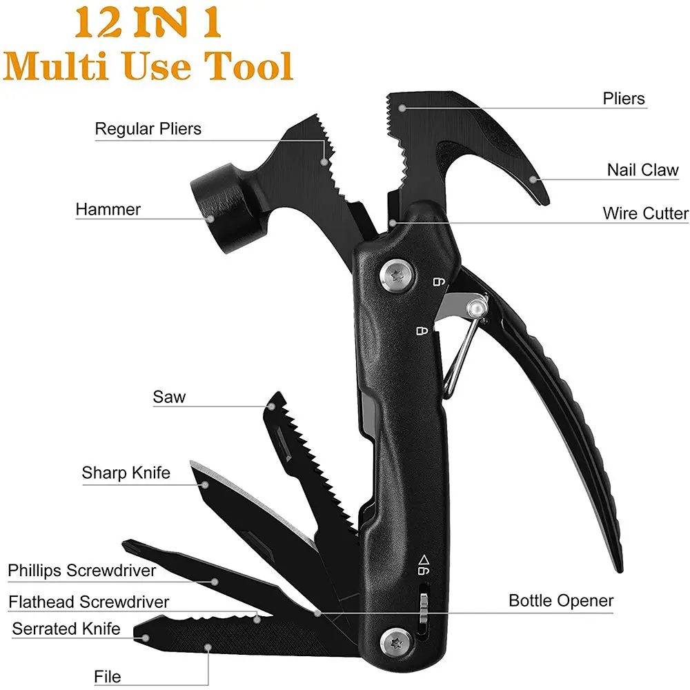 12-Inch Stainless Steel Multifunction Hammer Outdoor Survival Hand Tools for Camping & Hiking Shockproof Knife & Tool Set
