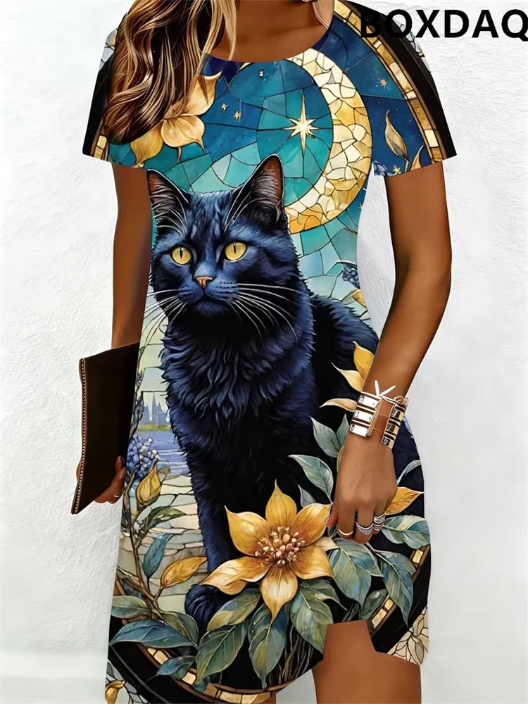 Casual Round Neck Short Sleeved Women's Dresses 2026 Fashionable Animal Cute Cat Pattern 3D Printed Loose A-Line Dress