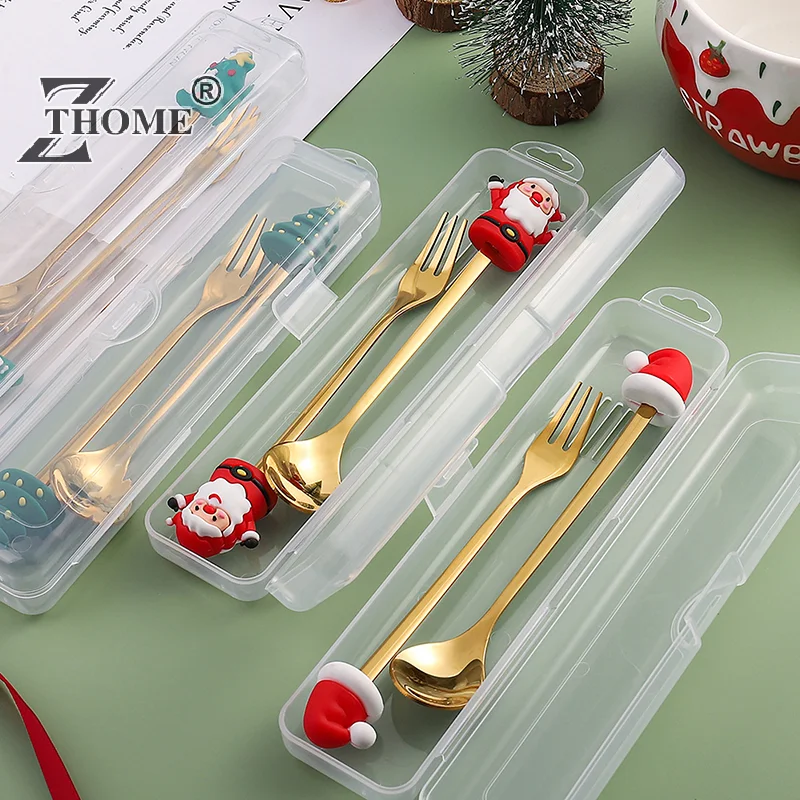 New 2PCS Christmas Tableware Set Stainless Coffee Dessert Spoons Fork Xmas Gifts Christmas Decoration New Year Home Decor