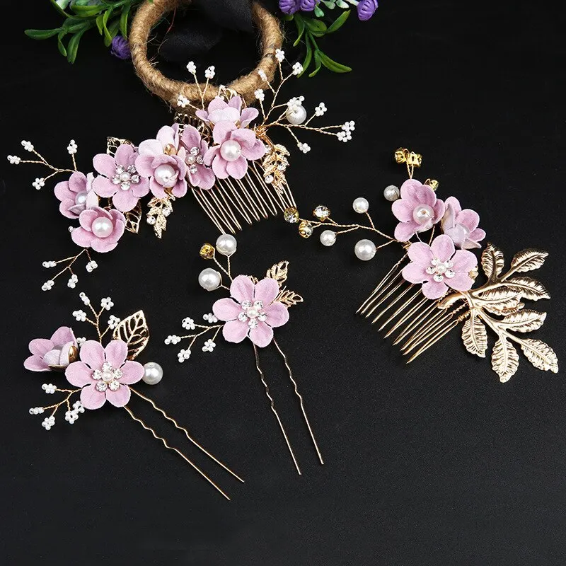 European and N Gold Leaf Plate Hair Headdress Handmade Bride Crown Headdress Flowers Inserted Comb Hair Ornaments 4-piece Set