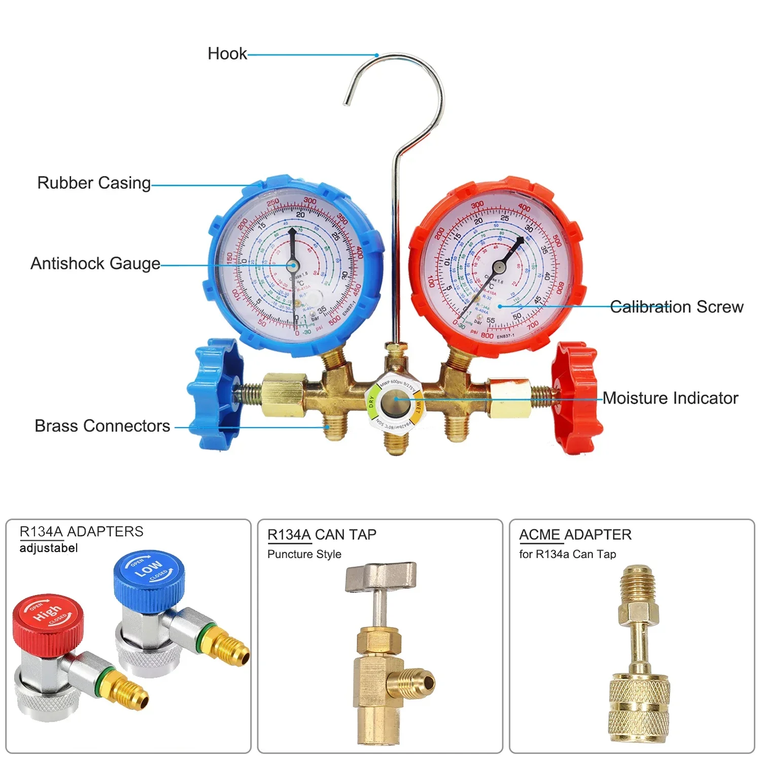 For R410A R134A R32 R404A,Manifold Meter Kit, Instrument Air Conditioner Refrigeration Fluoride Meter Kit, Diagnostic Tool