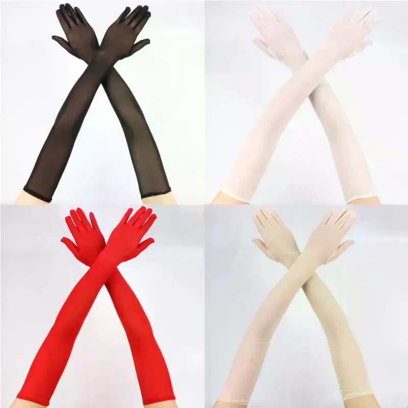 55cm Sexy Lace Thin Hollow Transparent Long Gloves Breathable Net Yarn Women Man Stage Performance Party Cosplay Elasticity
