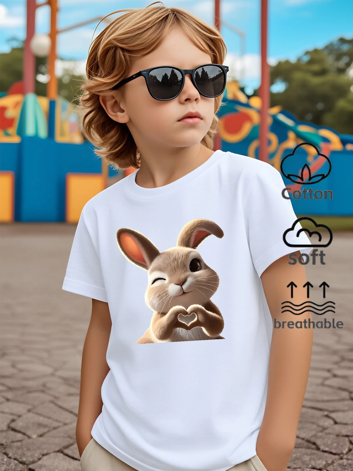 Children's T-shirt Cute Rabbit Heart Gesture Pattern Print Fun Summer Design Playful Children's Clothing Parent-child Outfit