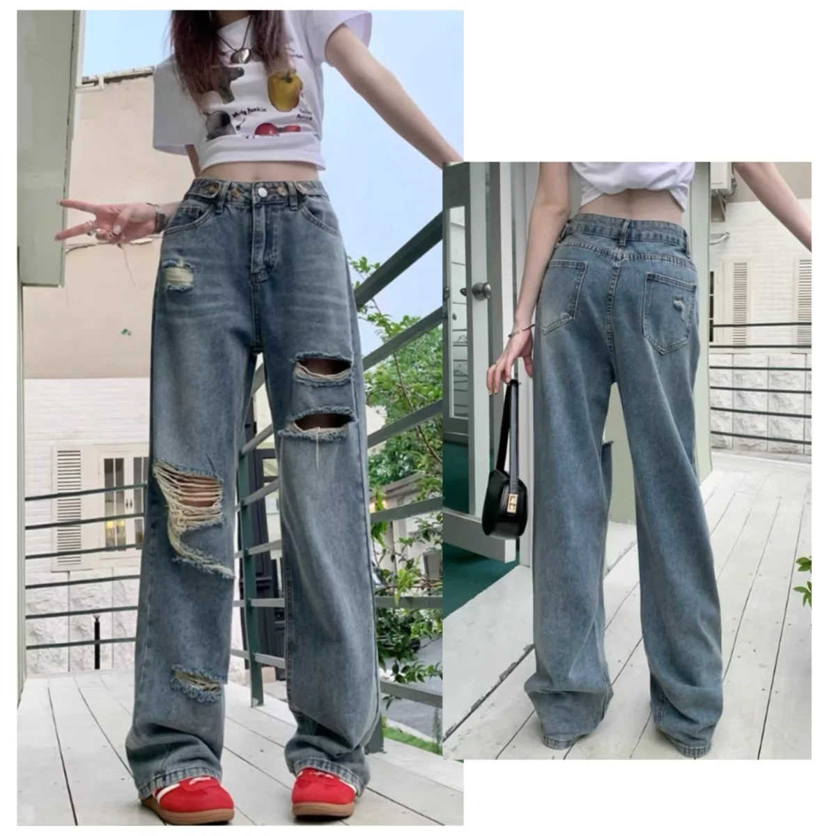 

American Retro Ripped Women's Straight Leg Jeans High Street Y2K Denim Trouser Hot Girl Style Casual Mopping Long Pants New