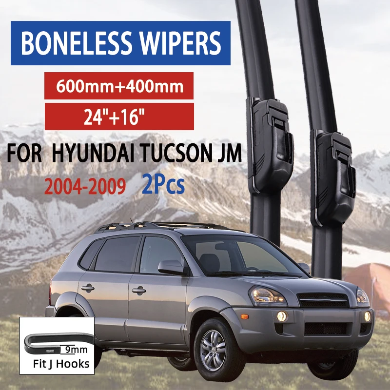 Para Hyundai Tucson JM 2004-2009 limpiaparabrisas delantero de coche en forma de U limpiaparabrisas sin hueso de goma suave HD limpiaparabrisas de coche duradero silencioso 24 "16"
