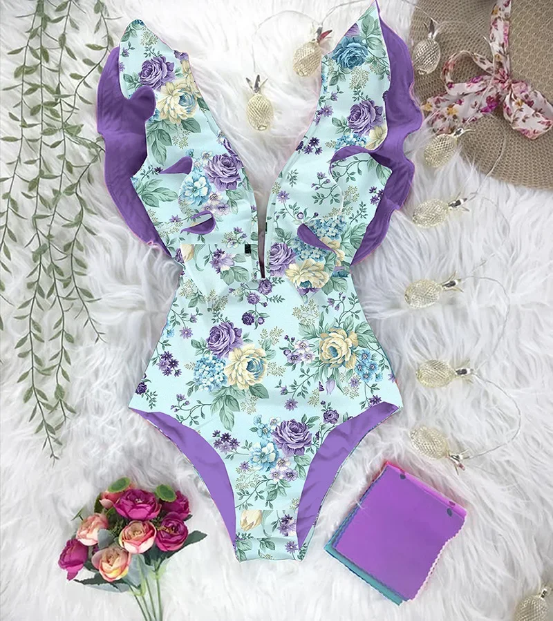 2022 New Print Swimwear Deep V-neck Ruffle Swimsuit Push Up One Piece Swimsuit Beach Wear Backless Monokini