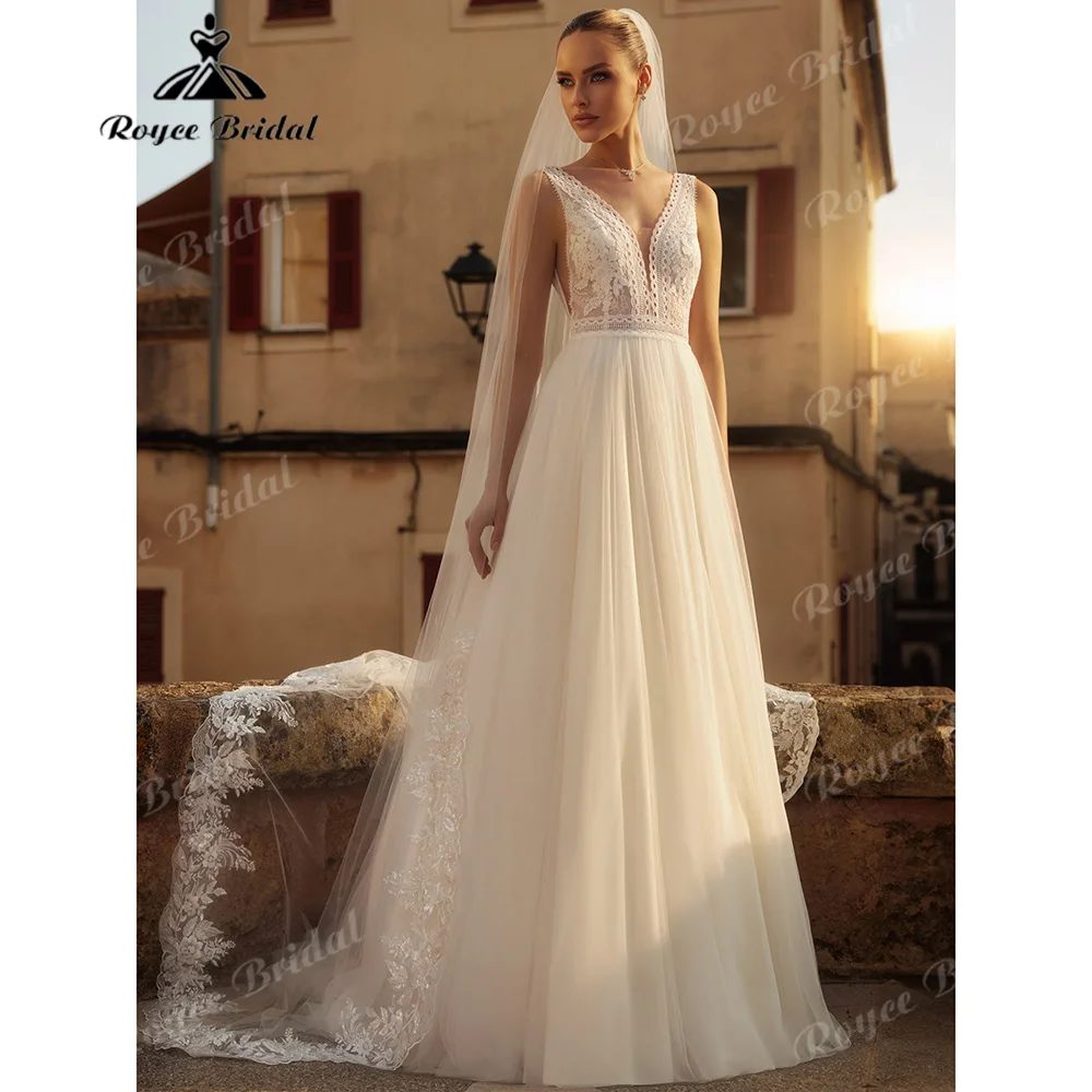 2027 Plunge V Crochet Lace Wedding Dress Sleeveless Low Back Soft Tulle A-Line Sweep Train Bohemian Vestido De Novia Customized