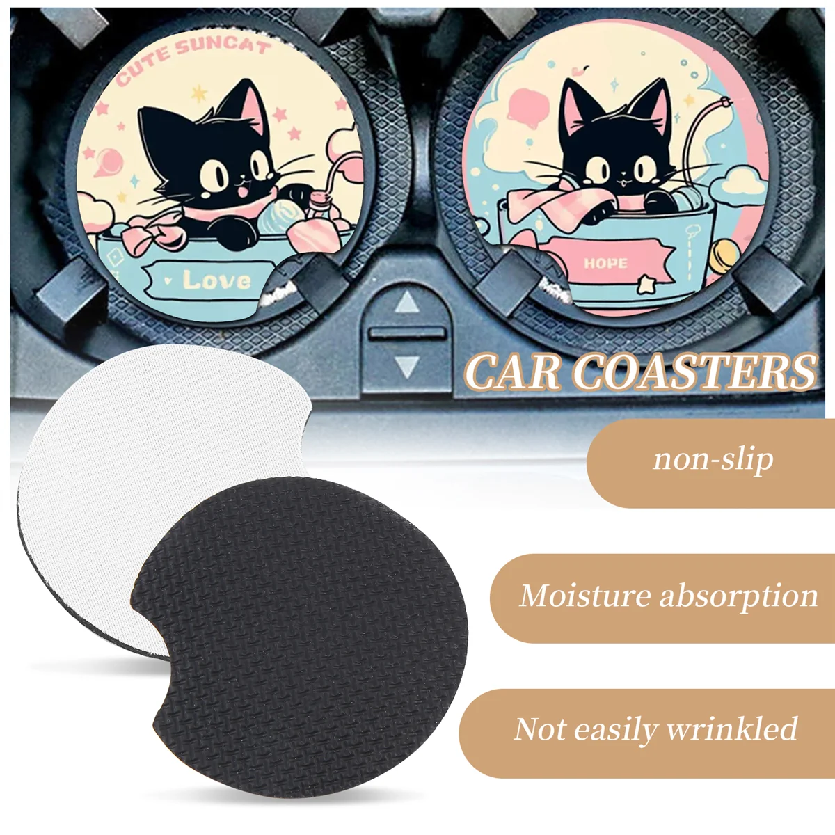 A06RP 100 Pcs of Sublimation Blank Car Coasters, Round Opening Blank Coasters, Used for Sublimation DIY Crafts, Car Coasters