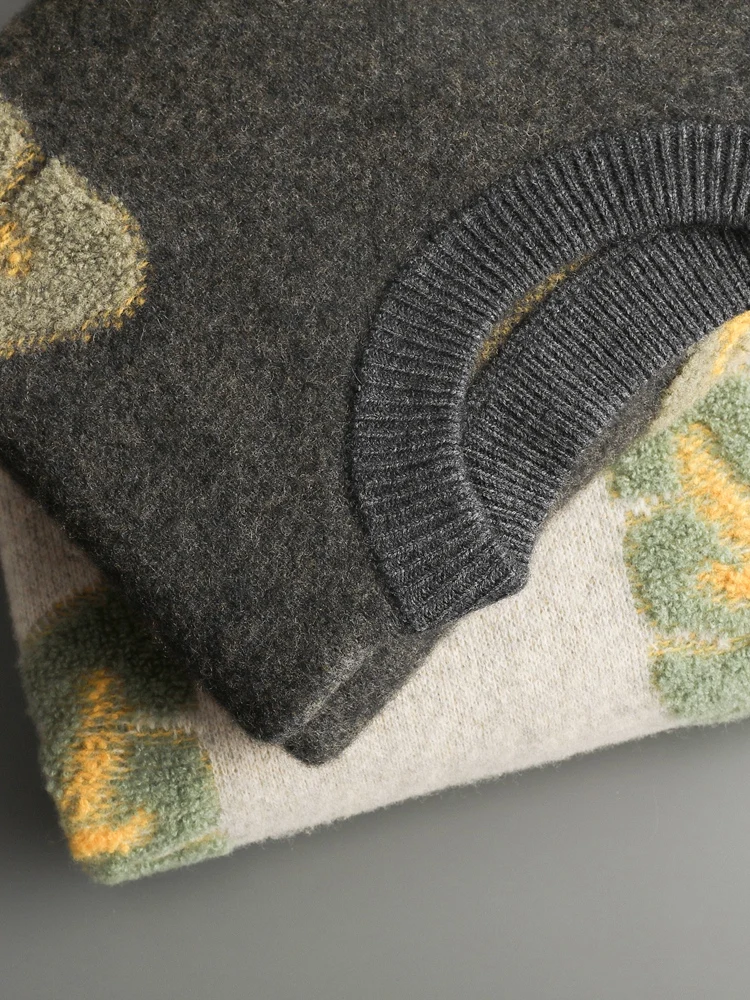 Men's 100% Merino Wool Knitwear O-neck Leaves Thick Jacquard Towel Embroider Wool Pullover Autumn Winter Knitting Comfy Sweater