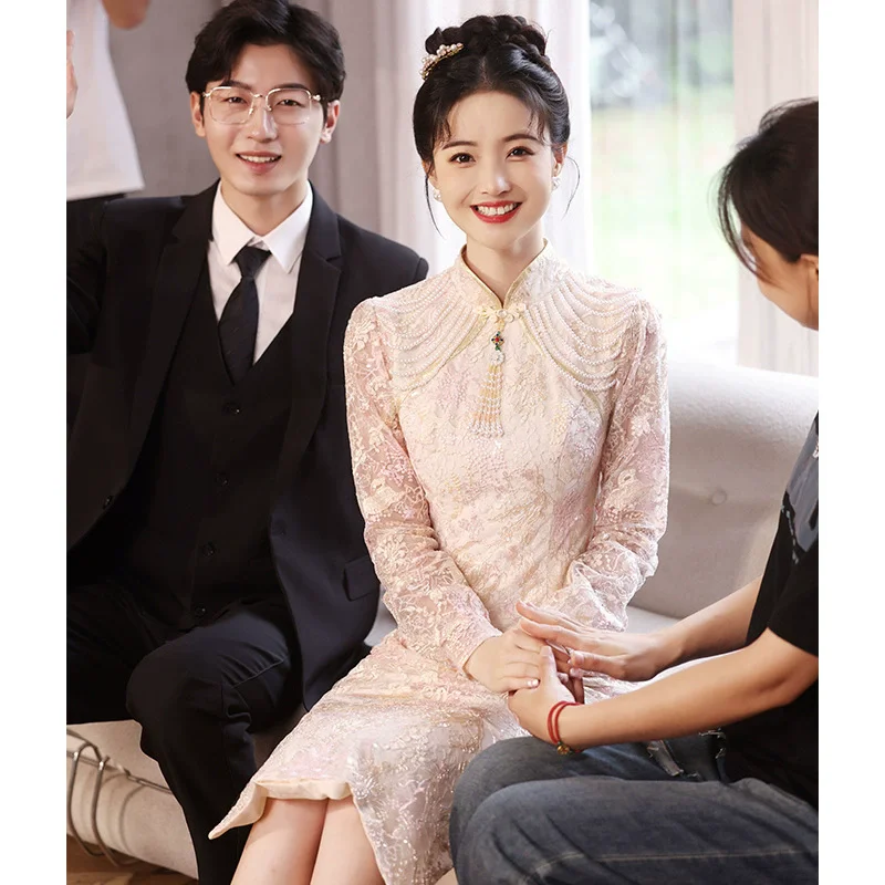 حفل زفاف العروس شيونغسام موضة شرابة كم طويل تشيباو فستان تشيباو الصيني التقليدي أنيق رائع ثوب الخطوبة #4