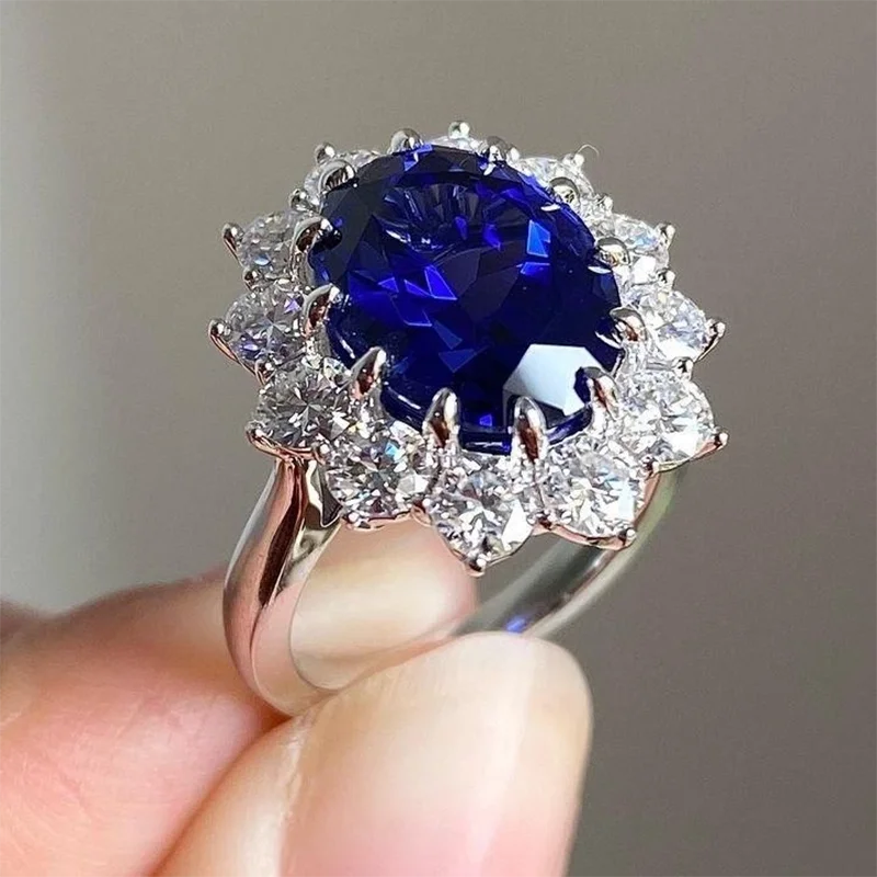 3CT Oval Lab Created Sapphire and Side Stone Lab Grown Diamond DEF VS-VVS Halo Ring in Real Platinum 950 Vintage Style Ring