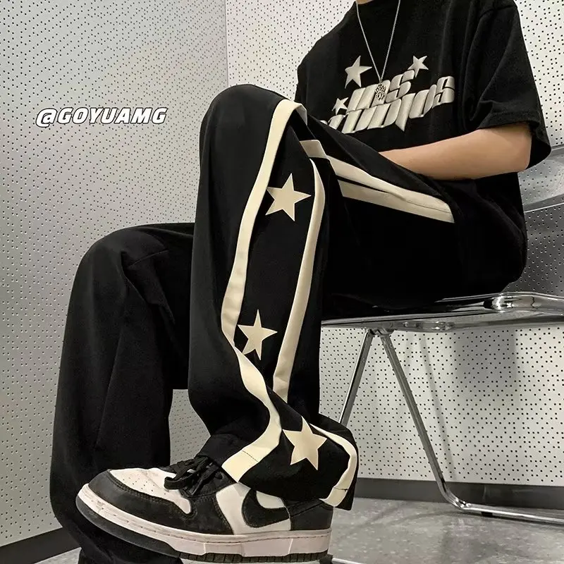 Y2K Star Sweatpants Men Black Sports Pants Wide Leg Trousers Male Japanese Streetwear Hip Hop Graphic Loose Casual