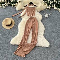 Chic Women Two-Piece Sets Halter Sleeveless Slim Tank Top and High Waist Flare Pants Korean Streetwear Autumn Hotsweet Clothing