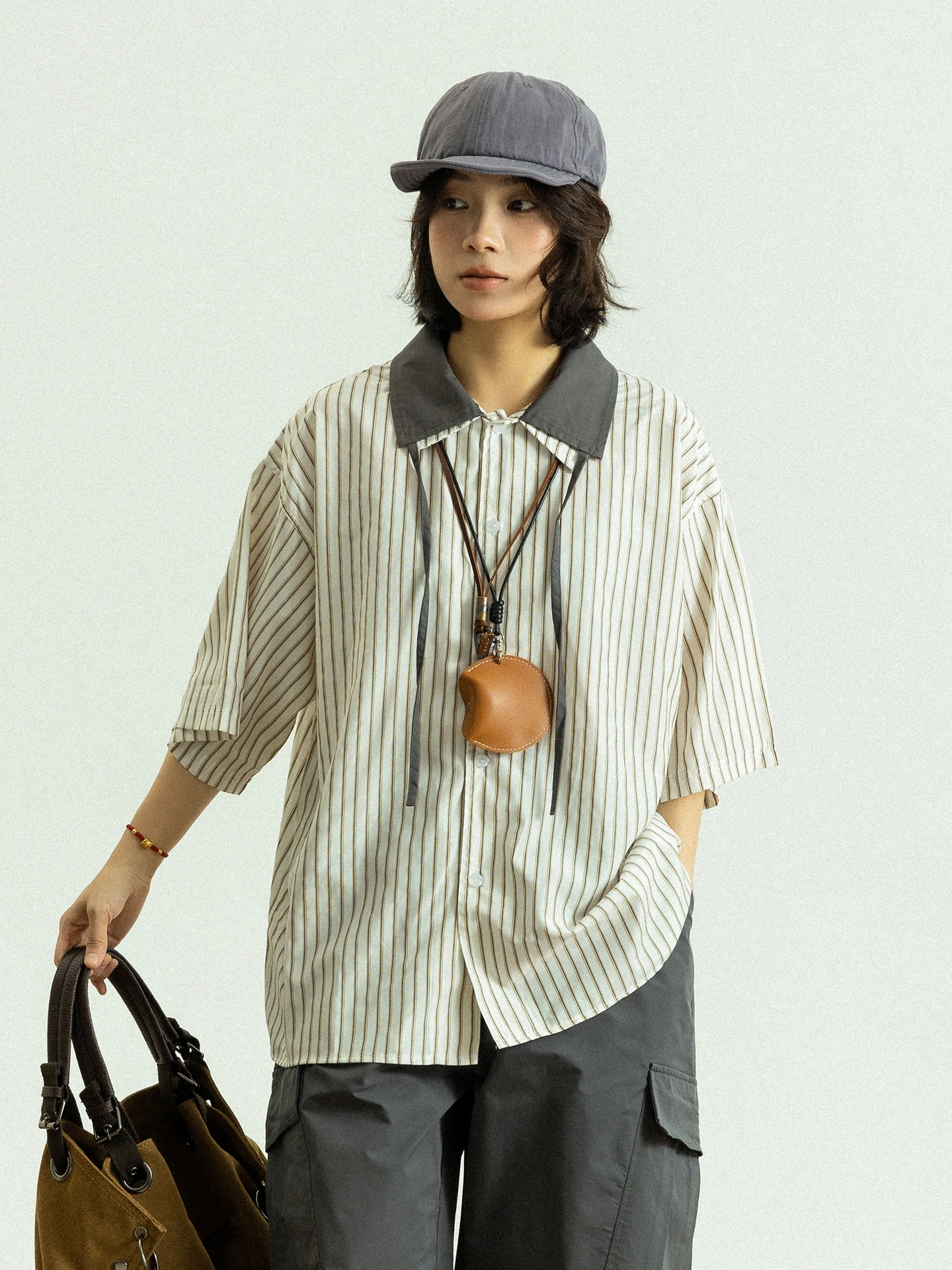 

Летняя хлопковая рубашка GoodNorth в японском стиле, повседневная, в полоску, с коротким рукавом, свободного кроя, имитация двухслойности, с отложным воротником