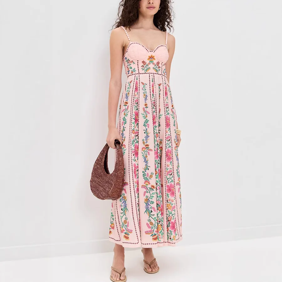 Mulheres primavera verão nova cinta flor floral impresso vestido sem mangas cintura alta férias vestido de linho solto