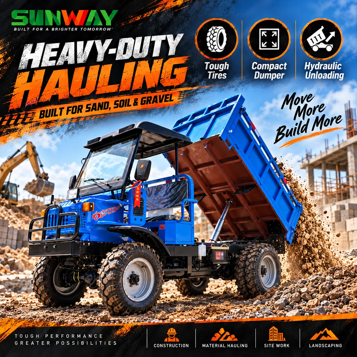 32HP Single‑cylinder Water‑cooled Diesel Farm UTV 4000KG Heavy Load Double Cylinder Hydraulic Self‑unloading Agricultural Dumper