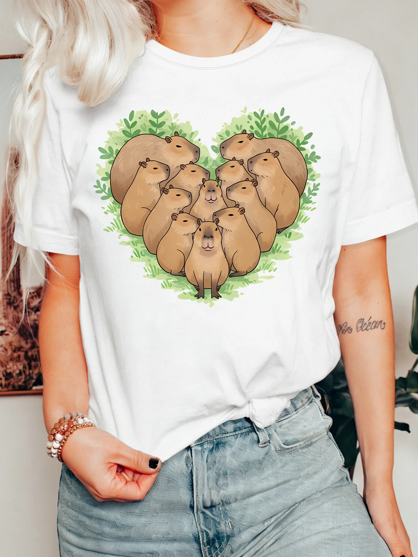 Cute Heart Shaped Capybara Group Womens T Shirt Lovely Rodent Animal Green Foliage Graphic Tee Short Sleeve Casual Ladies Tops