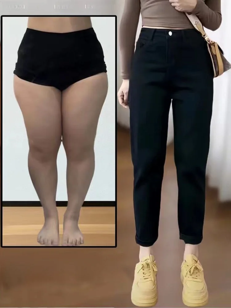 プラスサイズの裏起毛ハイウエストジーンズ レディース 秋冬 スリム ナインポイント ストレートレッグ チューブパンツ