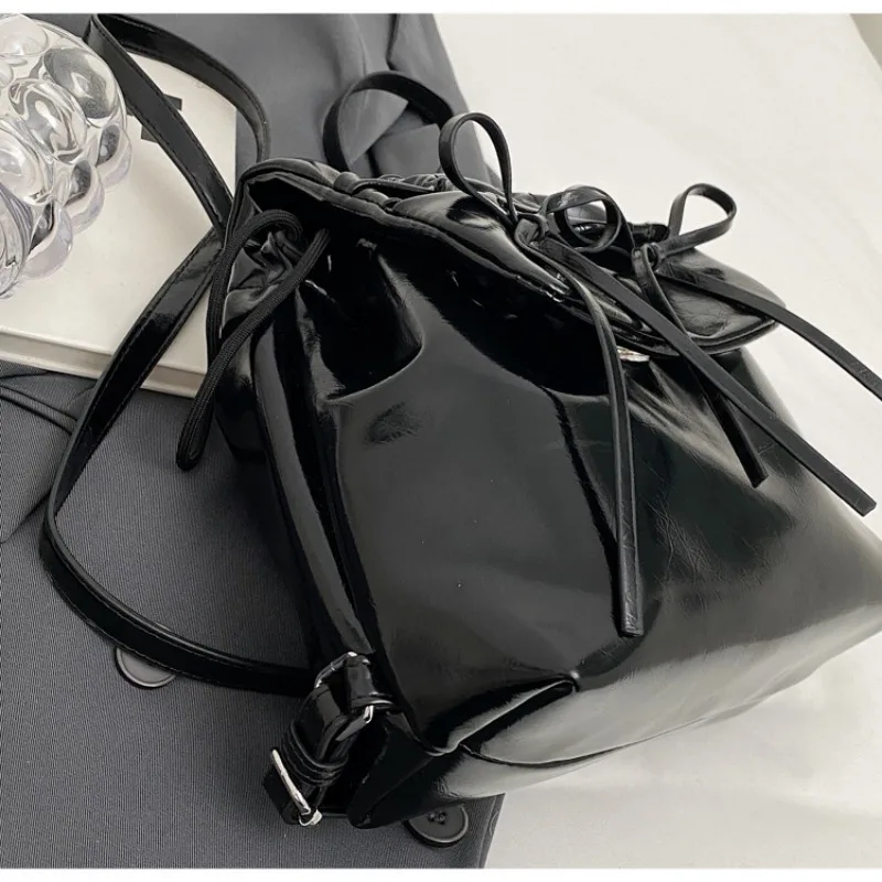 Simple Pu Silver Backpacks School Bag Women Bowknot Casual Chain Drawstring Adjustable Handbag Vintage High Street Backpacks