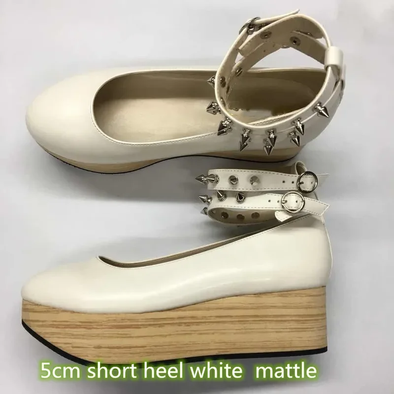 2022 new hard soled wood grain thick soled high-heeled rivets Lolita Lolita rocking horse shoes women