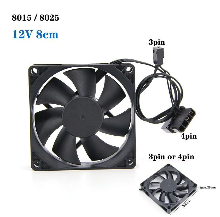 8cm 8015 8025 DC 12v 3pin or big 4pin Brushless Computer Cooling Fan 80mmx25mm PC Heatsink Radiator 80*80*15 For PC Case GPU CPU