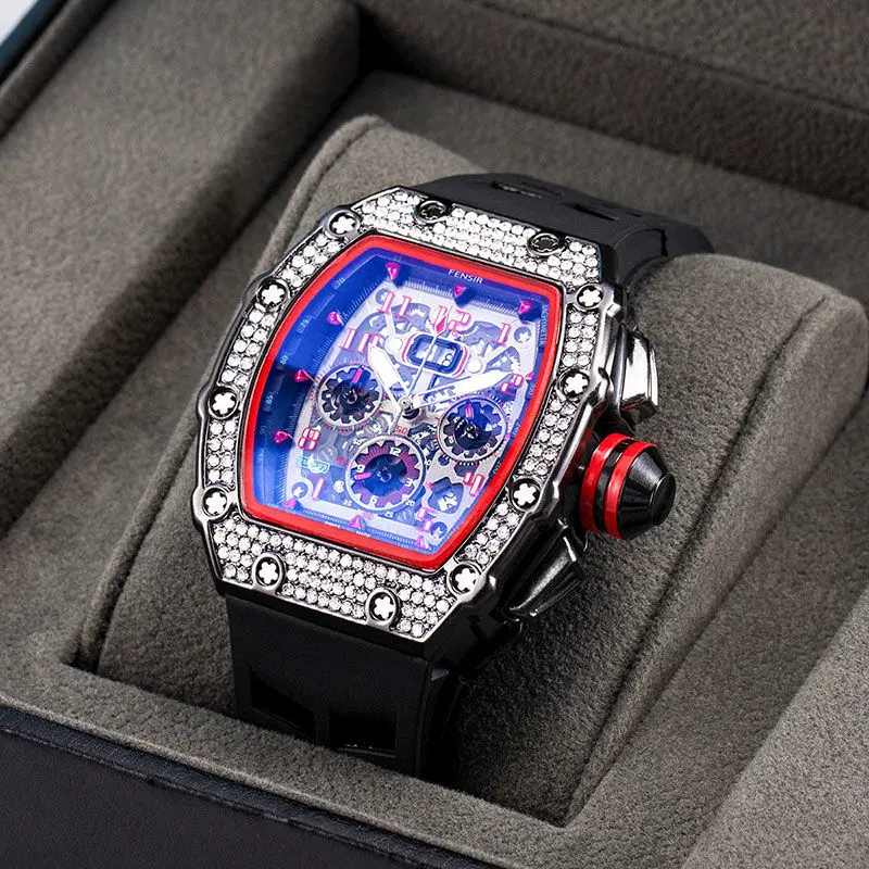 2022 New Men's High-quality Diamond Quartz Watch Hollow Glass Stainless Steel Case Black Rubber 