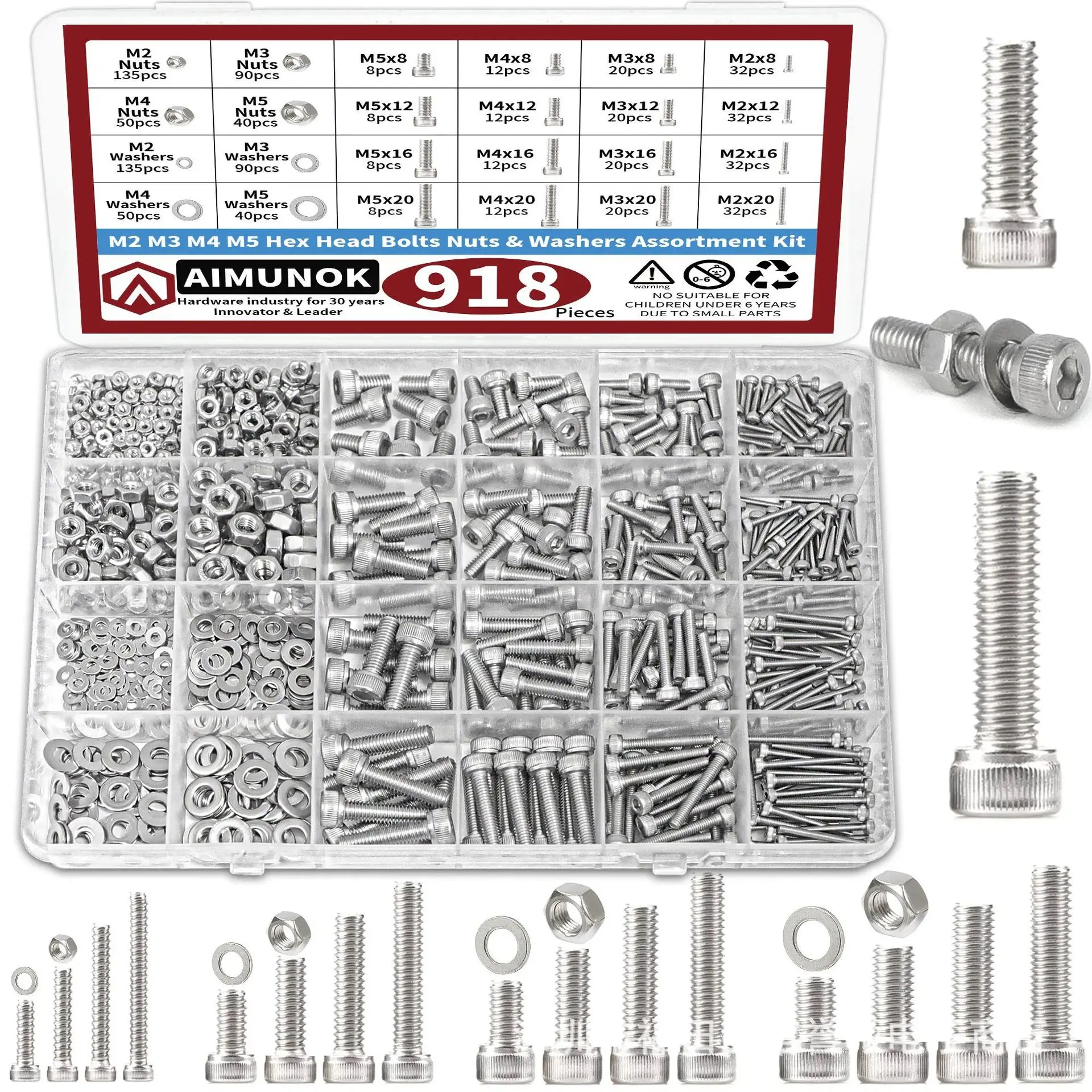 1 Box M3 M4 M5 M6 201 Edelstahl Sechskant-Innensechskantschrauben mit Muttern und Unterlegscheiben Sortiment-Set