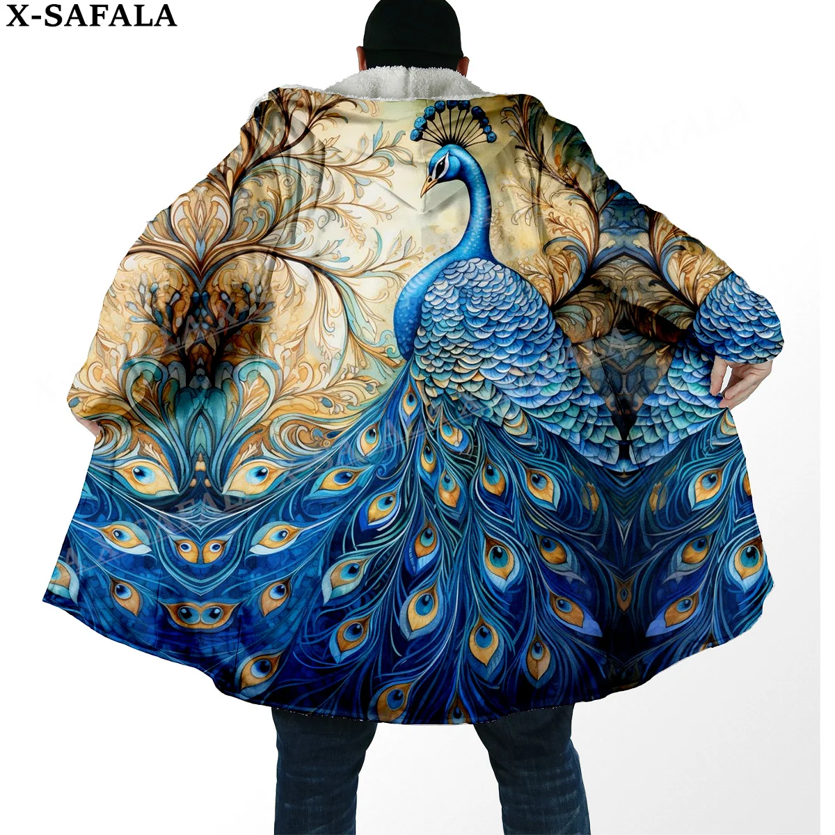 Beautiful Peacock Feather Print Thick Warm Hooded Cloak Men Overcoat Coat Windproof Fleece Cape Robe Hooded Blanket-3