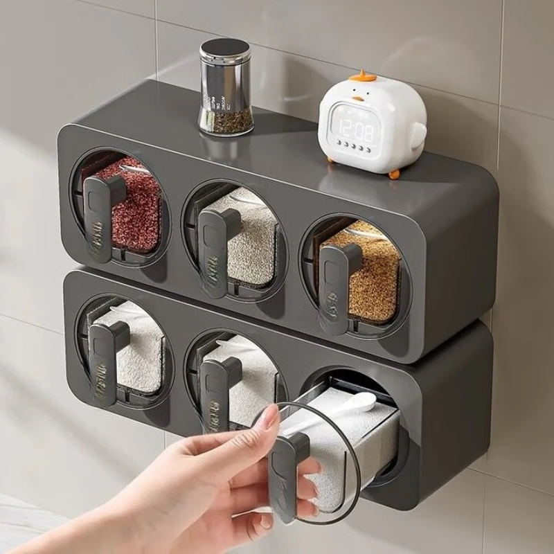 

Seasoning box Wall-mounted kitchen Household seasoning jar Multi-grid integrated salt MSG pepper storage High-end
