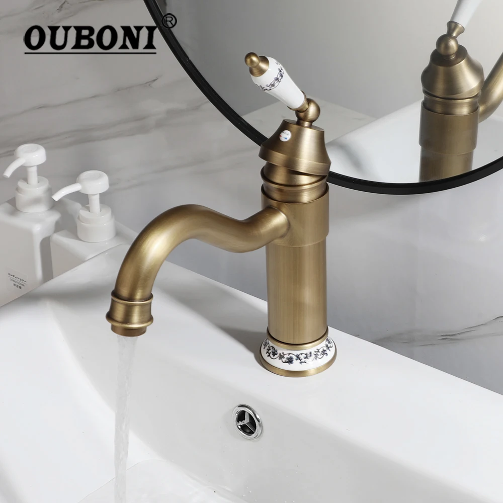 

OUBONI античный латунный смеситель для раковины в ванной комнате, маленькие твердые латунные смесители для умывальника, настенный смеситель для горячей и холодной воды