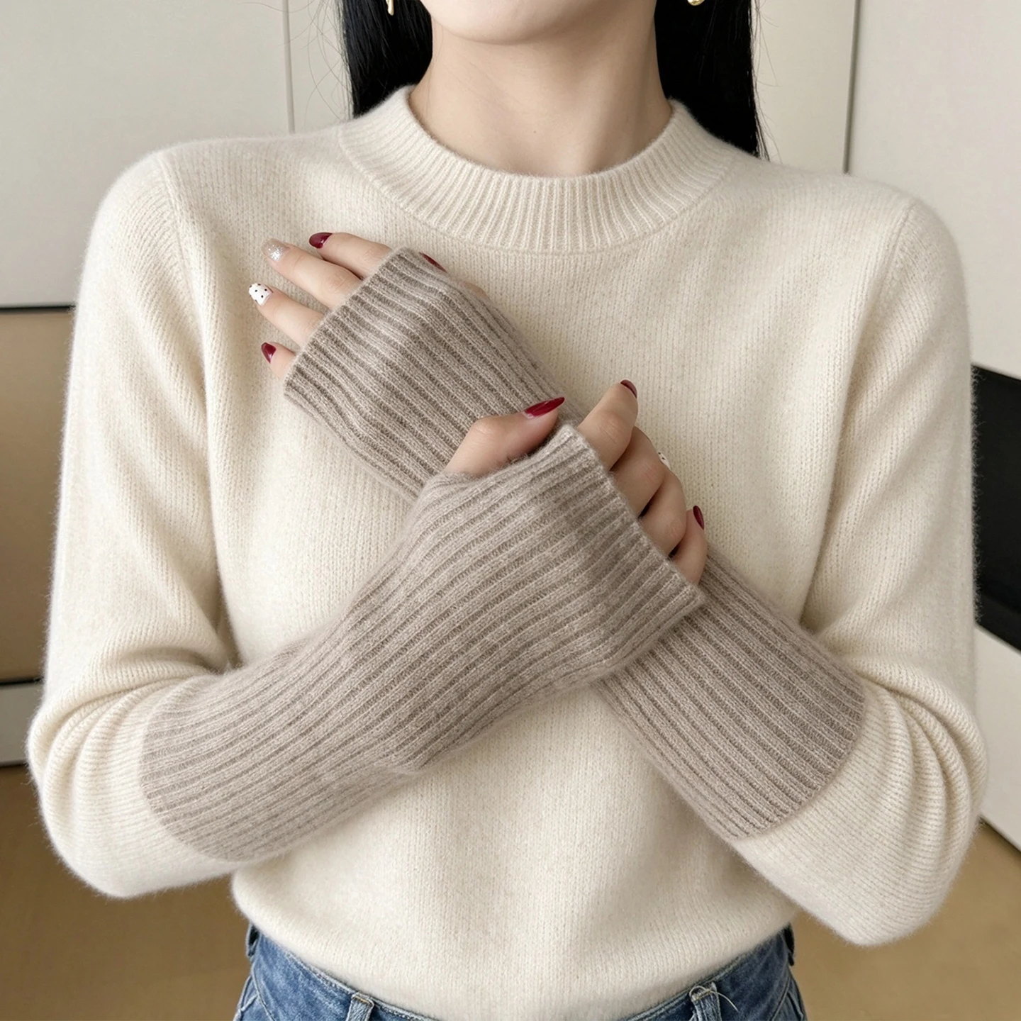 Winter 100% Cashmere Knitted Half Finger Gloves Solid Color Wrist Protection Fingerless Arm Warmers Cold Proof Thermal Mittens
