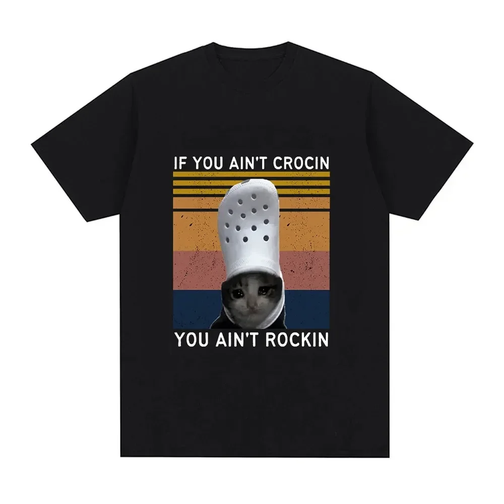 Funny Crying Cat Croc Meme Graphic Print Women Fun Tee Short Sleeve Round Neck Casual Daily Unique Design Women Summer Clothing