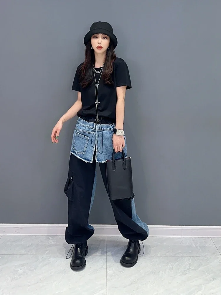 SuperAen 2023 Winter New Korean Style Splicing Denim Contrast Straight Tube Trouser Single Piece Pants Fashion Women\'s Pants