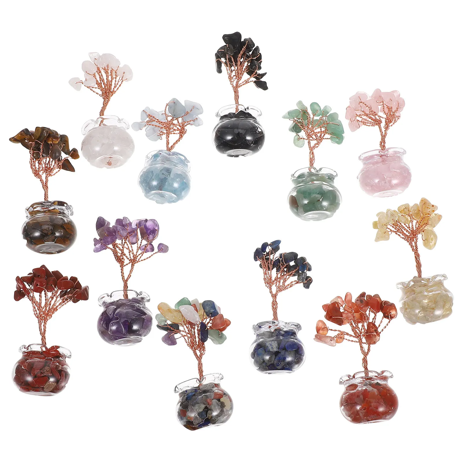 12Pcs Mini Crystal Money Tree Fengshui Bonsai Lucky Fortune Ornament Home Table Office Desk Decor Set Money Tree