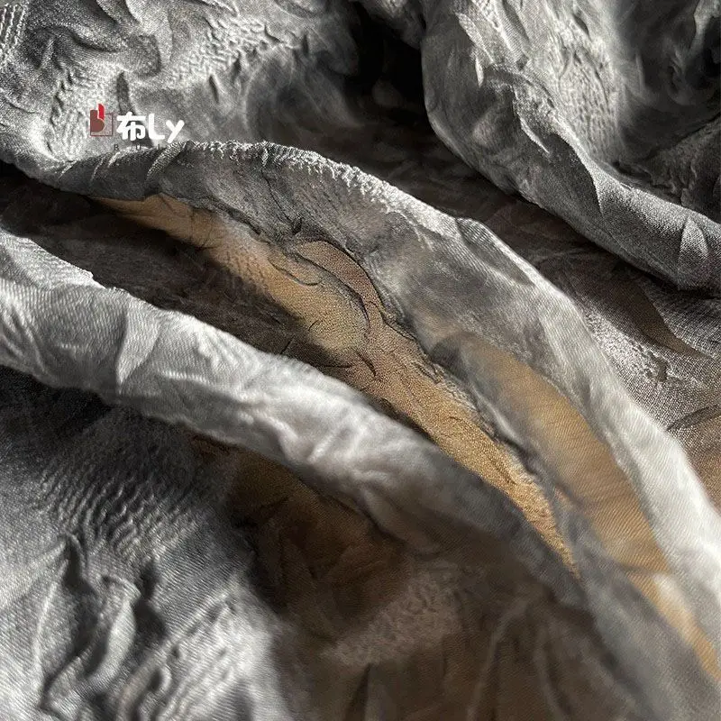 Black Gray Vintage Crack Pleated Tie-dye Crepe Fabric for Designer Shirt Skirt Texture Remake Sewing Material