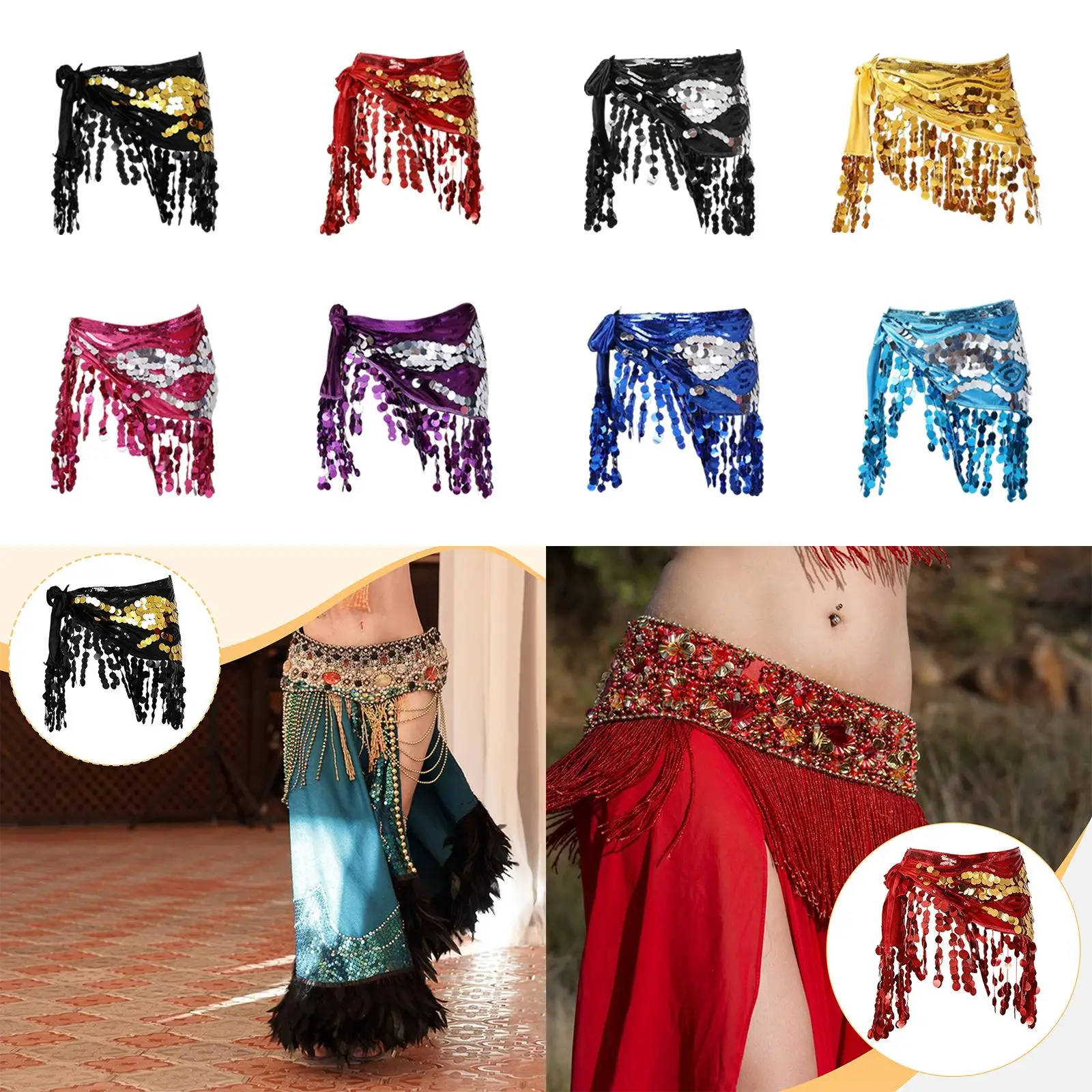 Belly Dance Hip Scarf Costume Belt Shiny Dancewear Sequin Tassel Skirt Waist Chain Bellydancing Hip Belt for Tango Nightclub