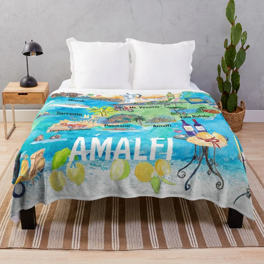 Amalfi Italy Illustrated Mediterranean Travel Map with Highlights of Gulf of Naples Throw Blanket Shaggy Hairys Blankets