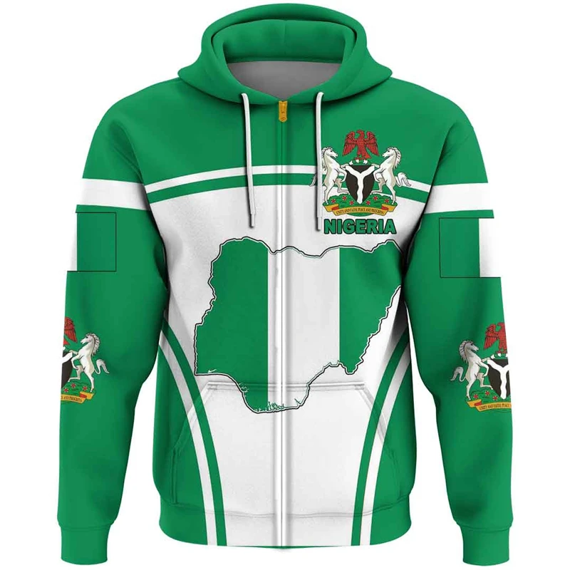 Nigeria Flag Map Hooded Sweatshirts NGA National Emblem Zip Up Hoodie For Men Clothing Casual Male Daily Sports Boys Pullovers