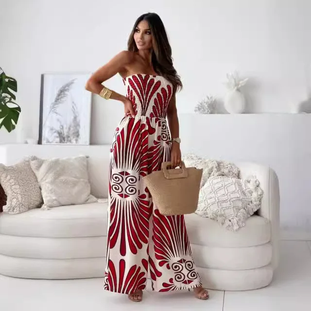 Summer Fashion Printed Wide Leg Jumpsuit Women Sexy Slash Neck Off-shoulder High Waist Jumpsuit Women jumpsuits dames