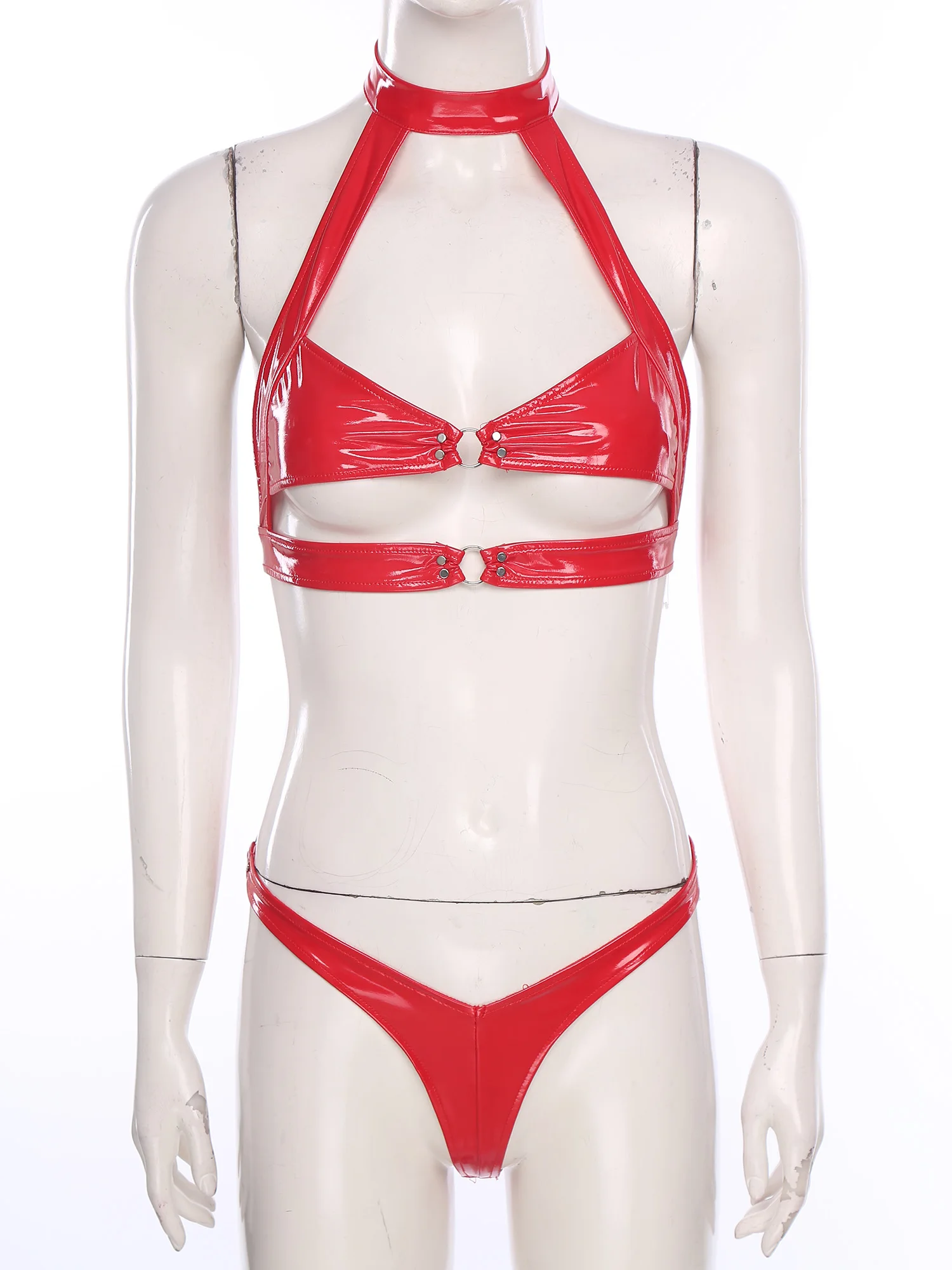 

Women Wet Look Lingerie Bra Briefs Set Hollow Out Chest Harness Bra And Butt Showing Micro Briefs Lingerie Tempting Nightwear